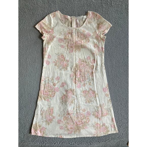 Eileen West Dresses & Skirts - Eileen West Mini Dress 10P Linen Floral Short Sleeve Cream Pink Cottage Retro 10